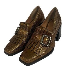 Vince Camuto Sedna Kiltie Block-Heeled Metallic Tailored Gold Loafers